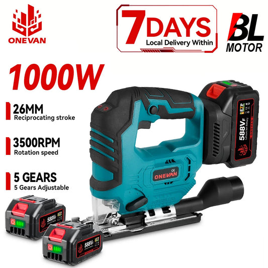 ONEVAN 1000W Brushless Electric Jig Saw 3500RPM Cordless Handheld Saw Wood&Pipe Cutting Power Tool For Makita 18V Battery pin