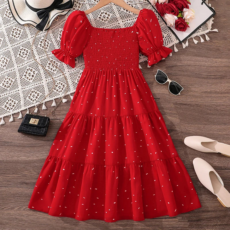 Elegant Square Neck Puff Sleeve Long Dress for 8-12 Year Old Girls Summer Sweet Ladylike Style Perfect for Valentine's Day