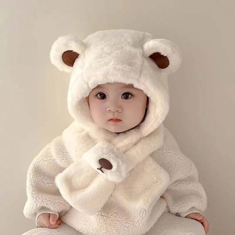 Baby Hat Autumn And Winter Boys' And Girls' Scarves In One Teddy Bear Plush Hat Winter Children's Plush Thickened Windproof Hat