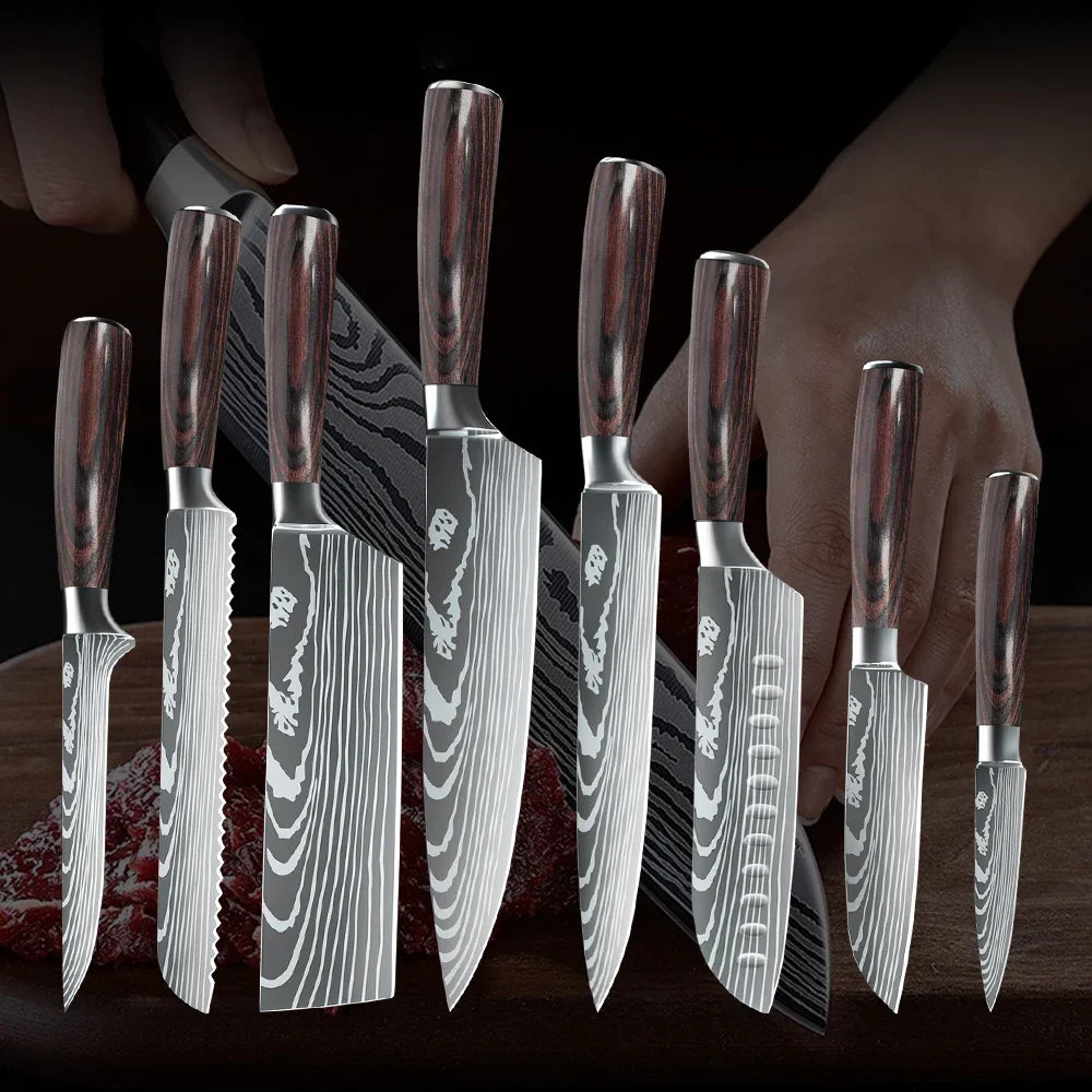 MDHAND Kitchen Knife Set 3-10PCS Professional Chef Knife 7CR17 Germany Stainless Steel Damascus Laser Cleaver Slicing Santoku