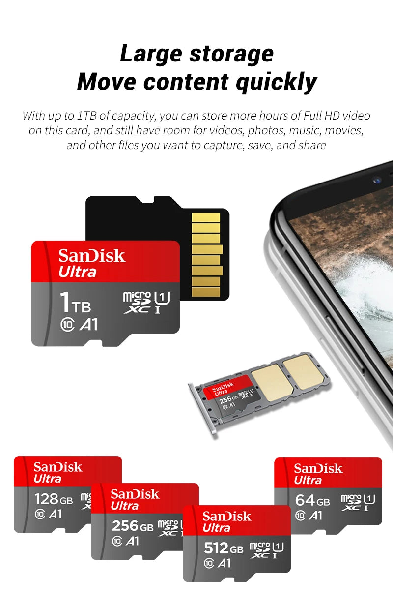 100% Original SanDisk Micro SD Card A1 A2 Memory Card 32GB 64GB 128GB 256GB 512GB 1TB microSD TF Card Storage UHS-I Cards U1 U3