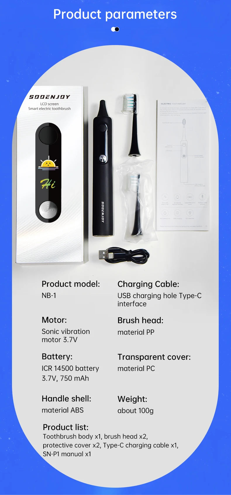 SOOENJOY Smart LCD Screen Sonic Electric Toothbrush NB-1 DIY Mode Cleaner Adult Automatic IPX7 Waterproof Teethbrush