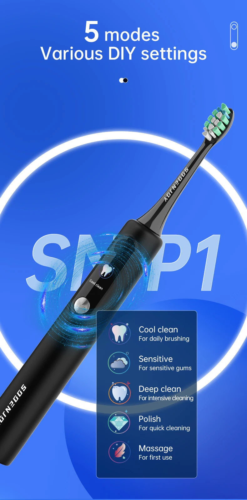 SOOENJOY Smart LCD Screen Sonic Electric Toothbrush NB-1 DIY Mode Cleaner Adult Automatic IPX7 Waterproof Teethbrush