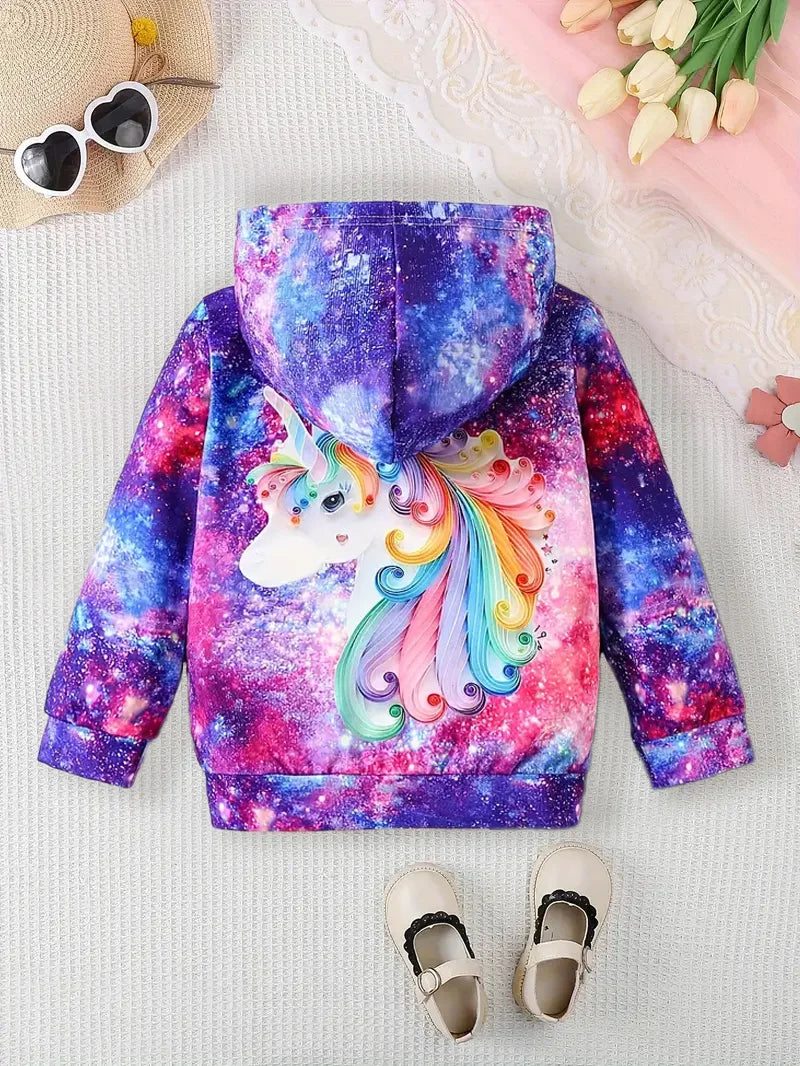 Autumn Casual And Fashionable Girls' 3d Starry Unicorn Printed Hooded Sweatshirt