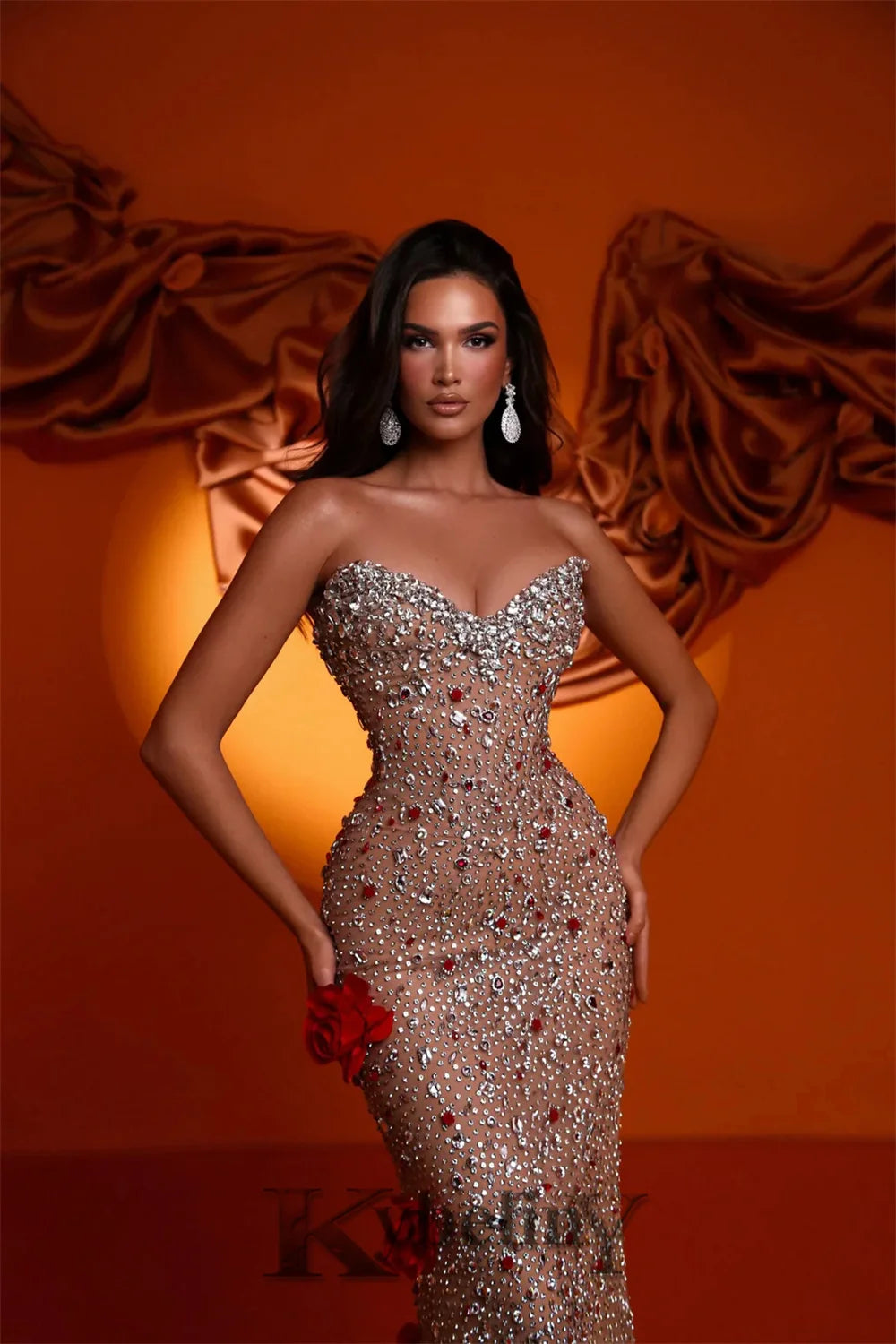 Kybeliny Bling Rhinestones Evening Dresses for Women 3D Flowers Mermaid V-Neck Vestido De Fiesta Prom Dress Customized Plus