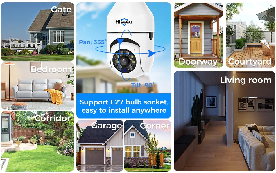 Hiseeu 3MP Wifi PTZ IP Camera E27 Light Bulb Camera Night Vision Auto Tracking Two-way audio Wireless CCTV Surveillance Security