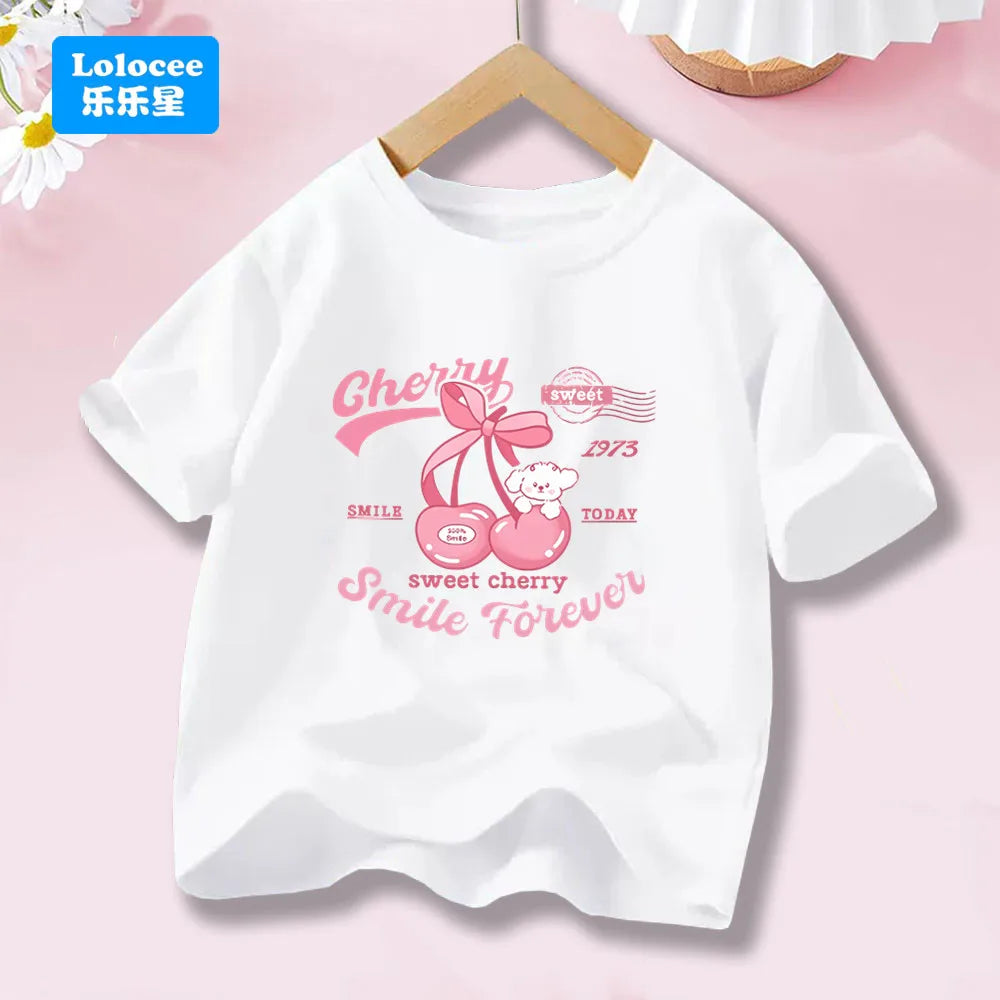 Girls' Fashion Cotton T-shirts with Cherry Fruit Pattern Short Sleeve Girls' Cute Summer Tee Shirts 3-14 Years YT01