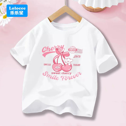 Girls' Fashion Cotton T-shirts with Cherry Fruit Pattern Short Sleeve Girls' Cute Summer Tee Shirts 3-14 Years YT01