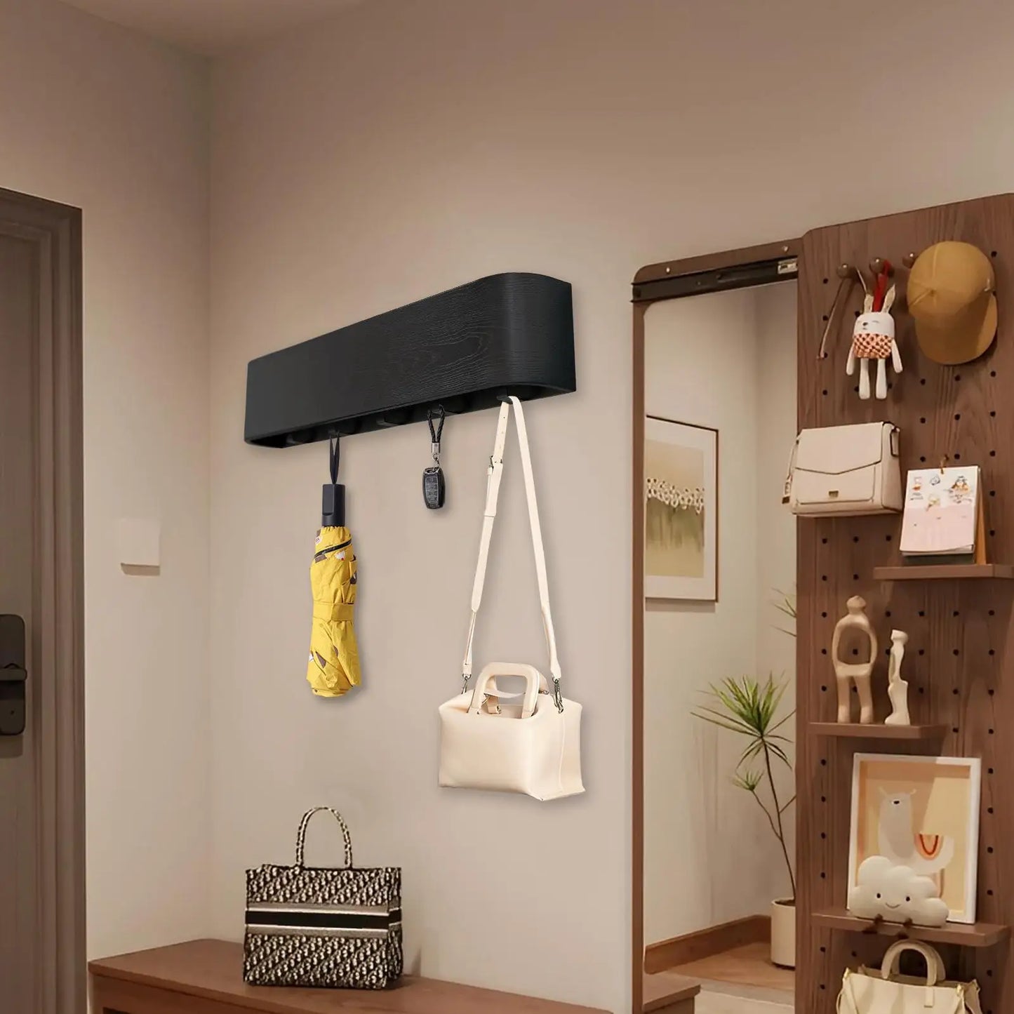 Wall-Mounted Coat Rack Wall Coat Hanger Rack with Folding Hooks No-Drill Organizer Wooden Clothing Hanger for Household Bag Keys