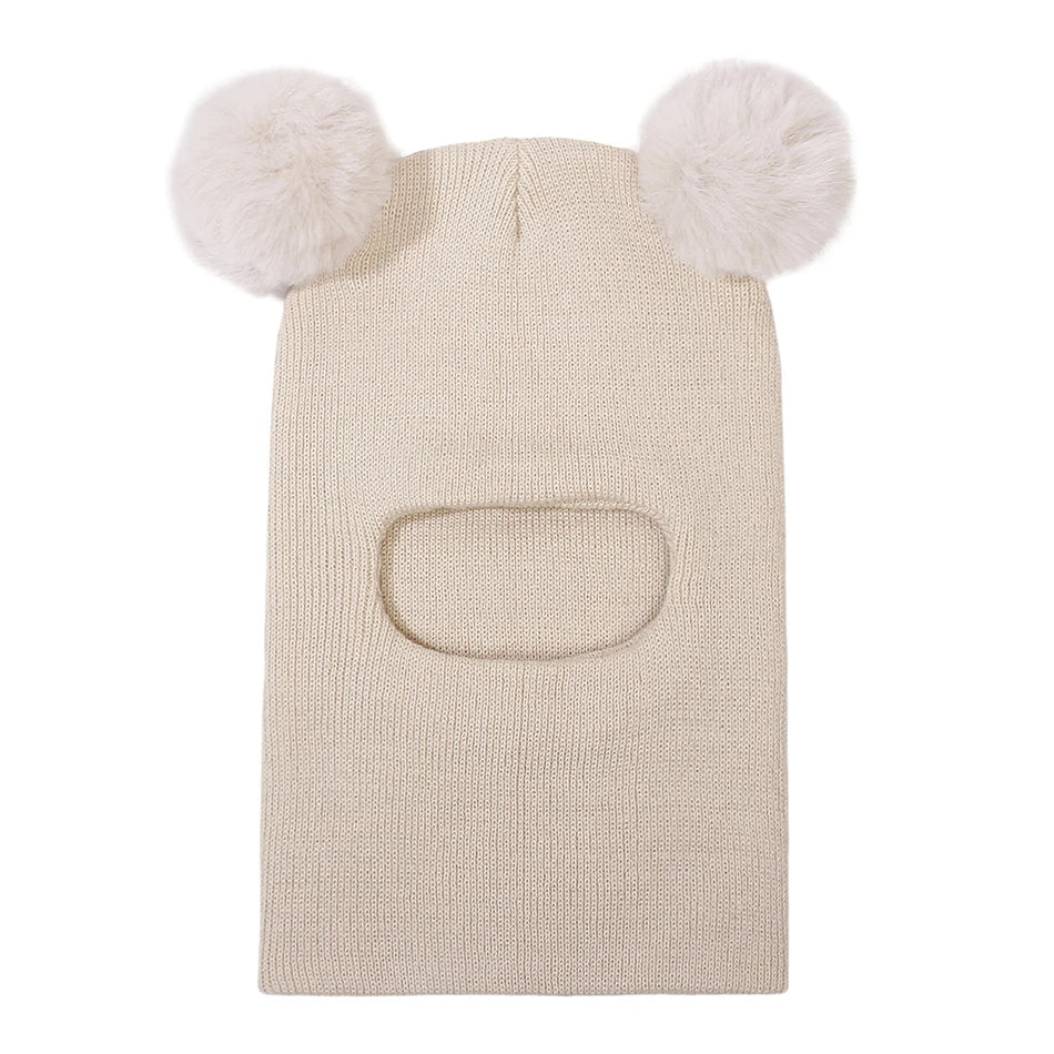Kids Yarn Knit Balaclava Cap Autumn Winter Pullover Ear Protection Double Ball One-piece Baby Christmas Gift Hat