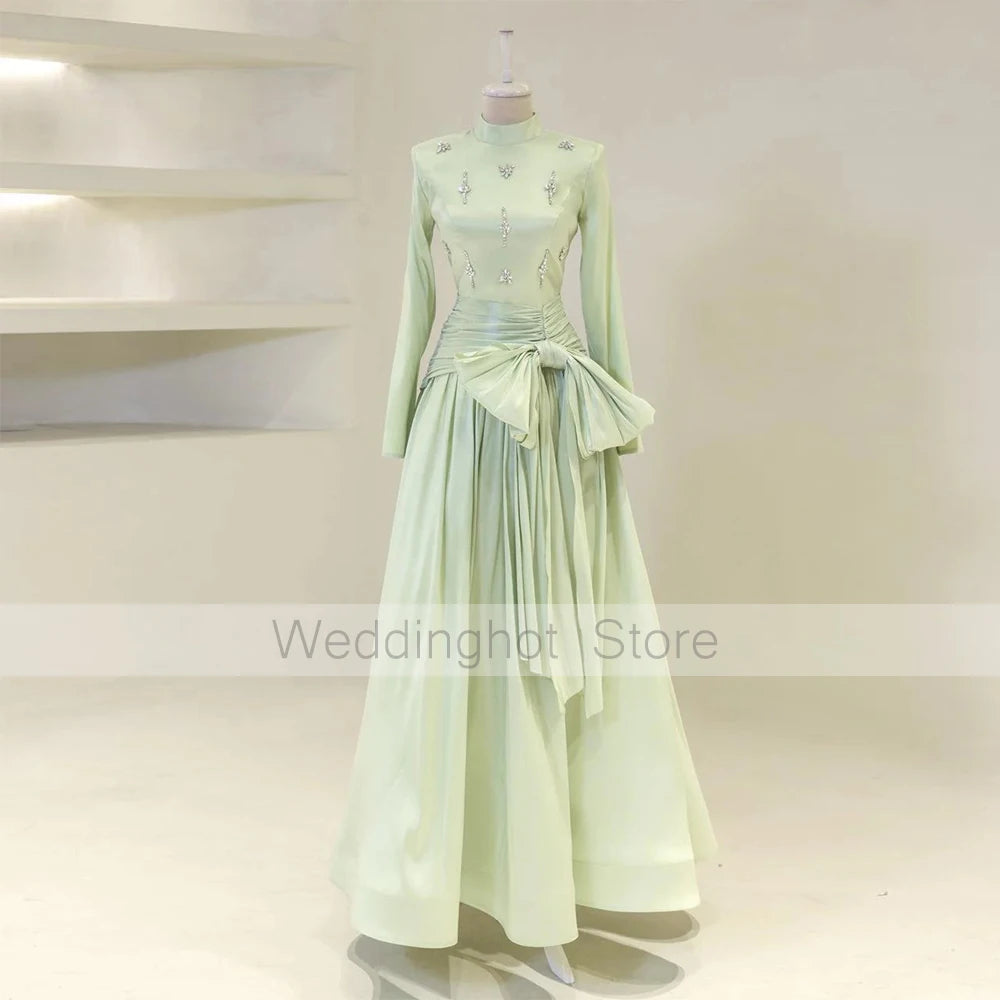 Modest Evening Party Dresses for Women 2025 High Collar Long Sleeves Formal Gowns Long A Line Crystal Bow Wedding Guest Dress