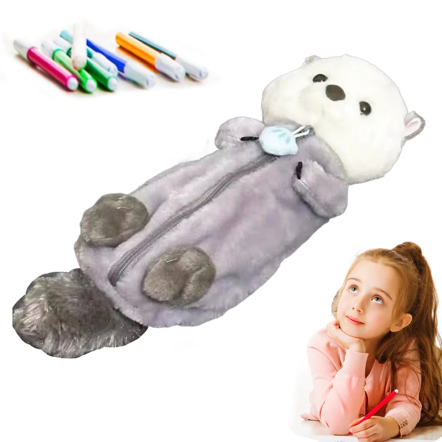 Creative Cute Sea Otter Shape Plush Pencil Bag 1PC Large Capacity INS Cartoon Pencil Case Velvet Pencil Case Student Stationery