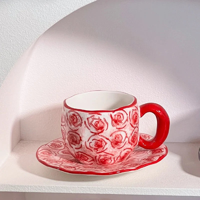 340ML Hand-painted Flower Love heart Ceramic Coffee Cup with Saucer Home Office Water Cup Breakfast Milk Juice Teacup Gift Set