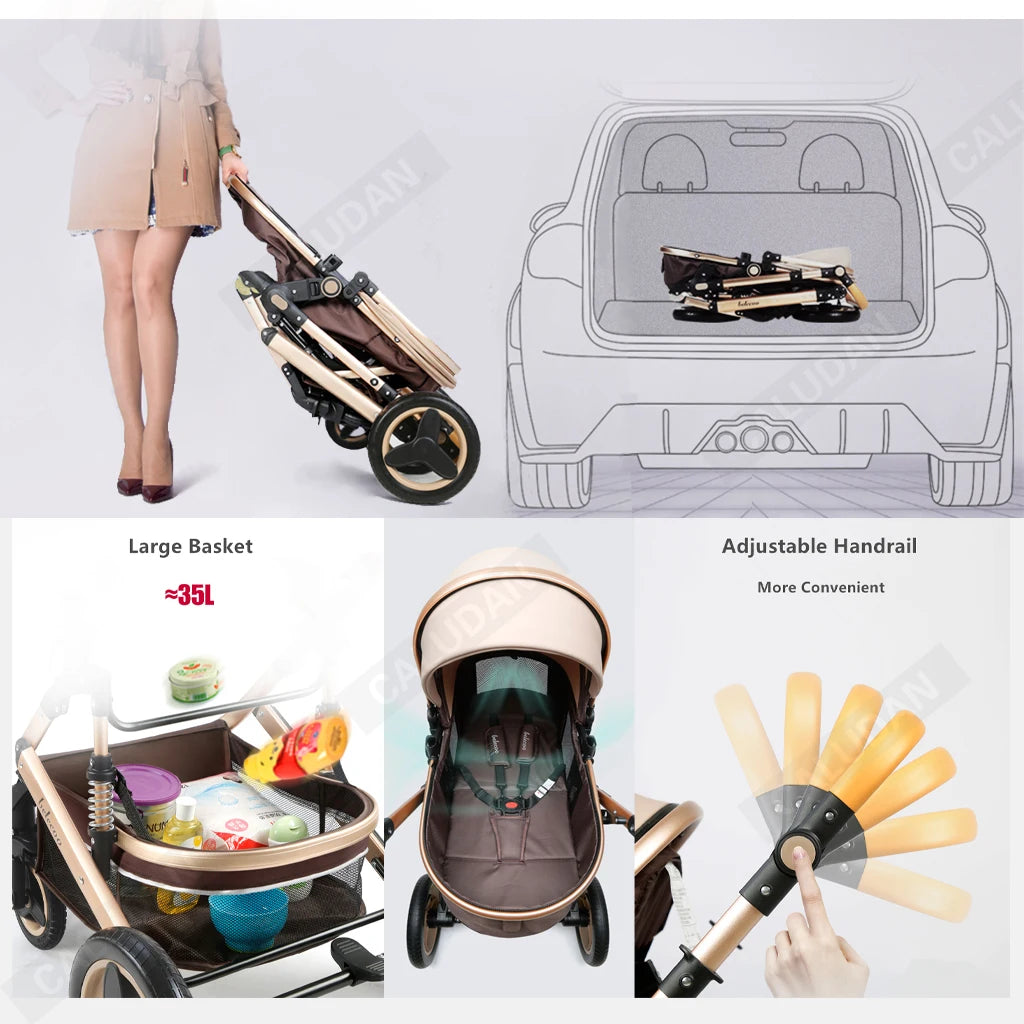 Luxurious 3 in 1  Portable Travel Baby Stroller High Landscape Aluminum Frame Foldable Pram Newborn Infant Four-Wheel Carriage