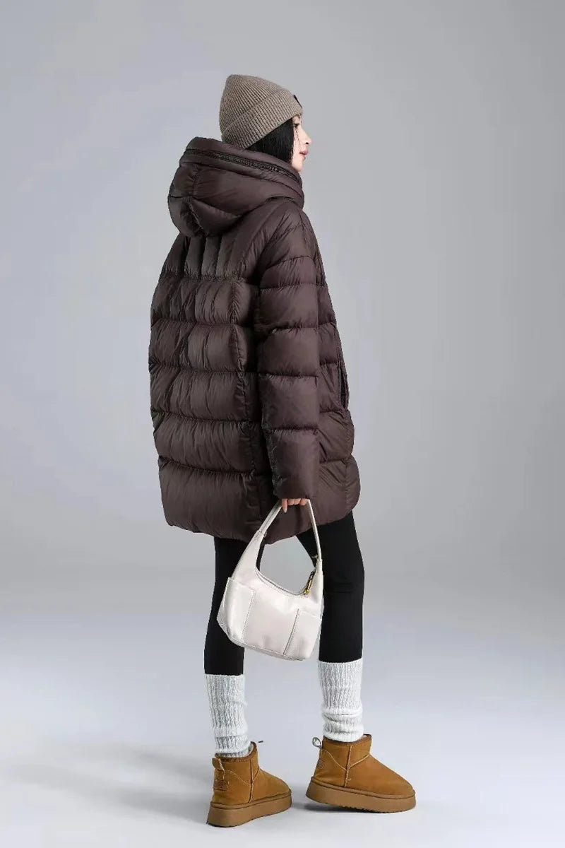 Winter Hooded Warm Mid Length Down Jacket Female Double Zipper Solid Parker Outwears Women 90% White Duck Down Loose Down Jacket