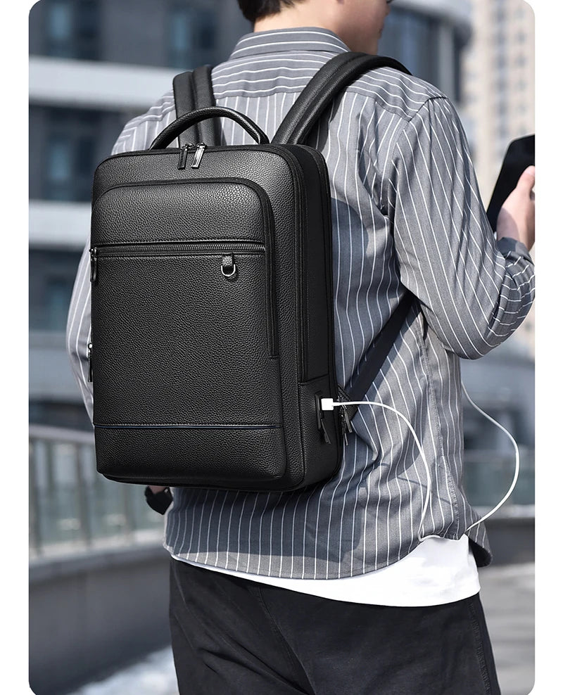 Executive Backpack Men PU Leather USB Charging Satchel Briefcase Office Travel Laptop Office Business Shoulder Back Pack Male