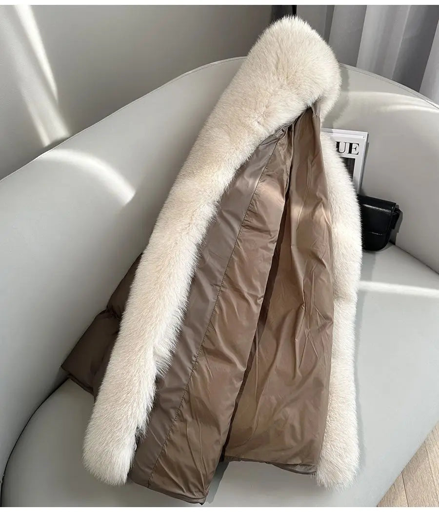 2025 Winter New Mid-length Temperament White Goose Puffer Parkas Women Fox Fur Detachable Large Lapel Fur Down Jacket High Qual
