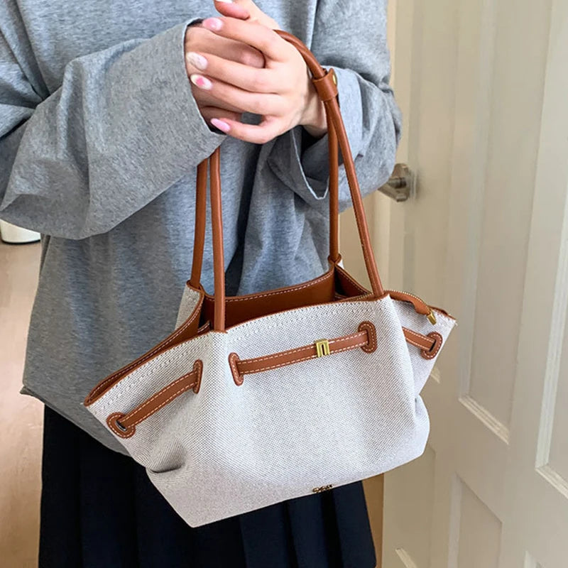 Luxury Canvas Dumpling Handbag Vintage Large Capacity Tote Bag Brand Pleated Drawstring Design Versatile Fashion Shoulder Purse