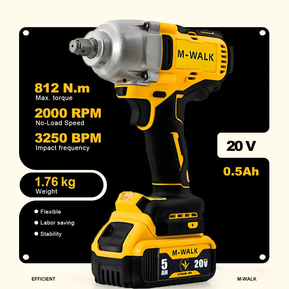 Brushless Impact Wrench 812N.m High Torque Cordless Electric Power Tool for Auto Repair/Construction For DeWalt 20V Battery Pin