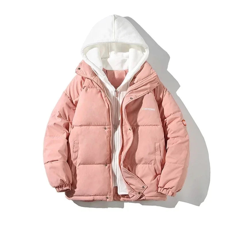 Women Casual All-match Long Sleeve Single Breasted Simple Hooded Parkas 2023 Winter Fake Two Piece Warm Jacket Solid Coat