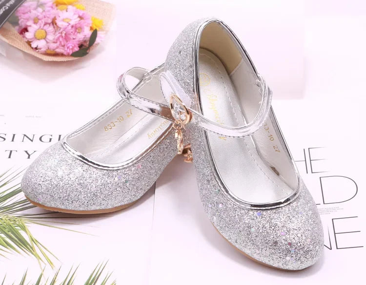 Girls High Heels Children's Leather Shoes Small Children Princess Single Shoes Sequins Students Dance Performance Gift