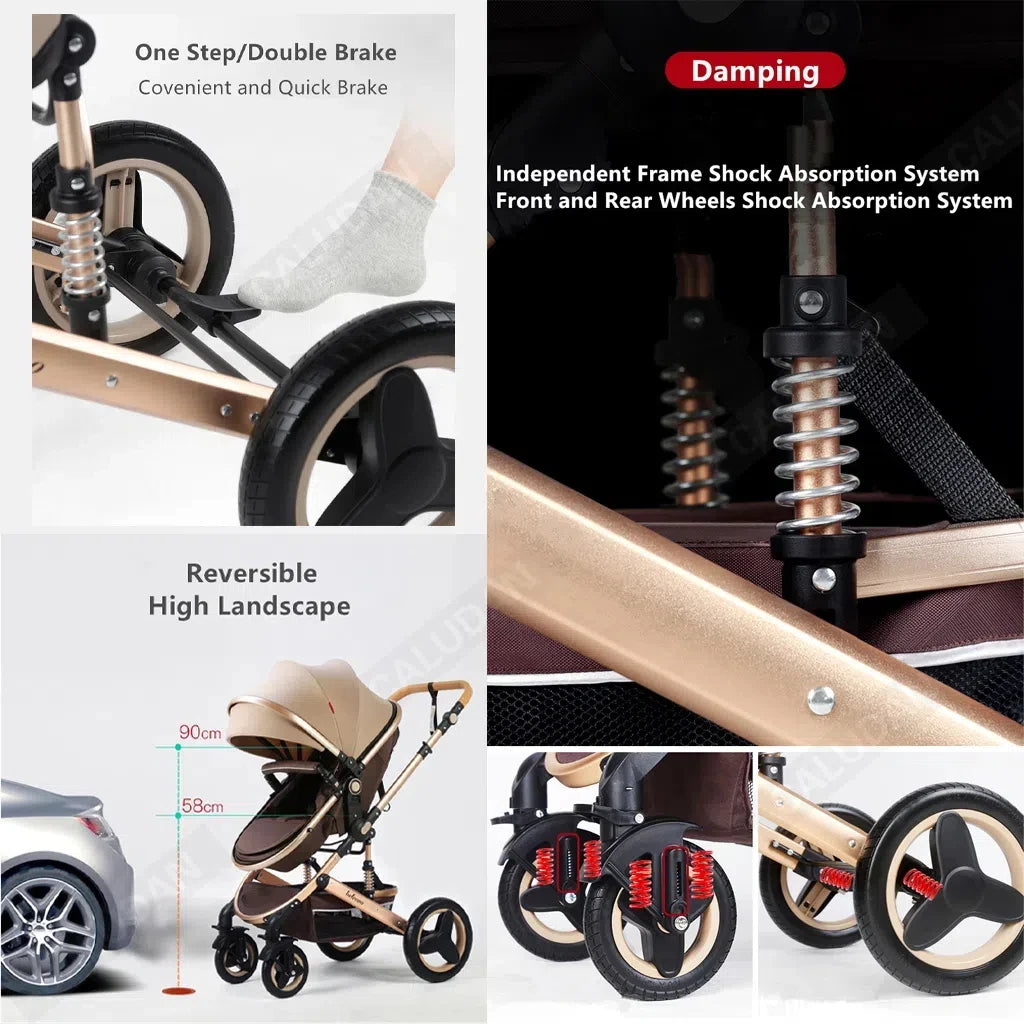Luxurious 3 in 1  Portable Travel Baby Stroller High Landscape Aluminum Frame Foldable Pram Newborn Infant Four-Wheel Carriage