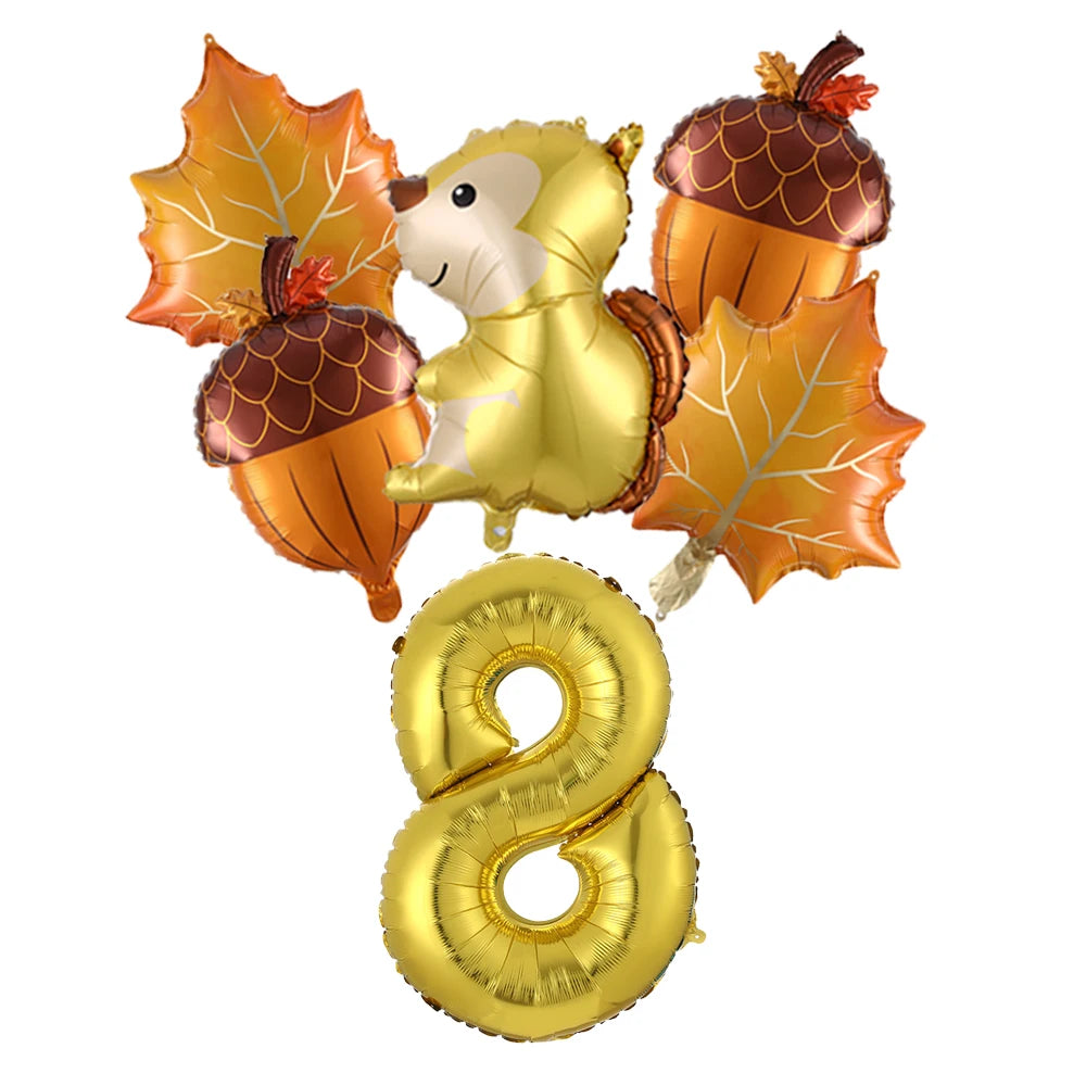 6Pcs Autumn Forest Animals Kids Birthday Party Decoration Squirrel Pine Cone Foil Balloon With 0-9 Number Ball Thanksgiving Gift