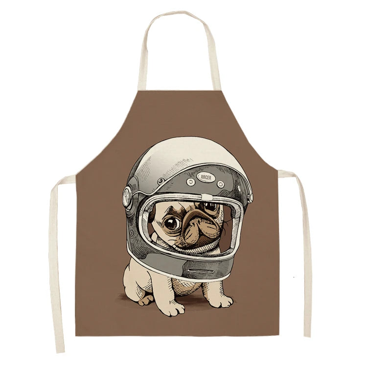 Cute Dog Pug Pattern Cotton Linen Sleeveless Chef Apron Kitchen Aprons Women Home Cooking Baking Waist Bib Pinafore 55x68cm