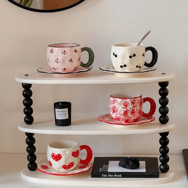 340ML Hand-painted Flower Love heart Ceramic Coffee Cup with Saucer Home Office Water Cup Breakfast Milk Juice Teacup Gift Set