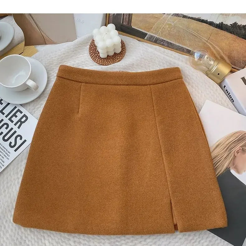 Woolen Mini Skirts Women S-5XL Slim Hip Wrap Side Slit A-line Autumn Winter Solid All-match Female Plus Size Graceful Vintage