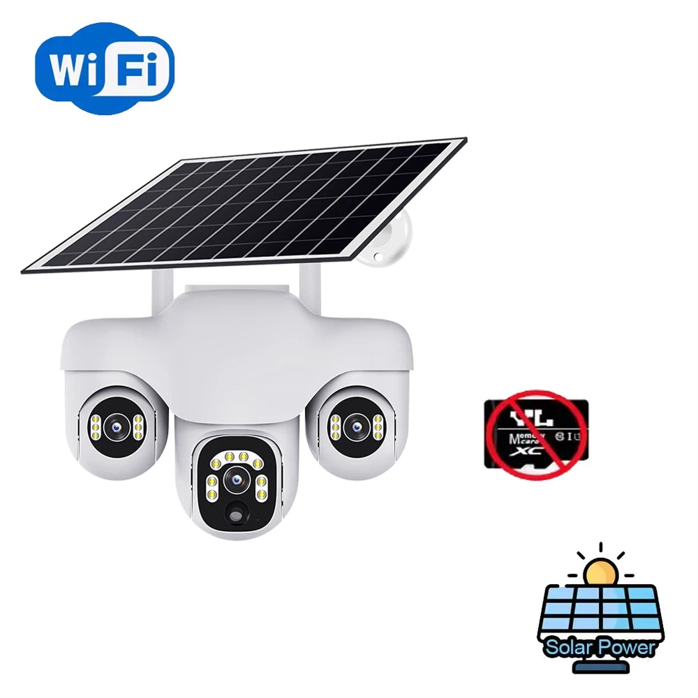 Three Lens Three Screens WIFI Solar Camera 15MP 10X Zoom CCTV Outdoor Automatic Tracking Humanoid Detection PTZ IP66 Cam V380