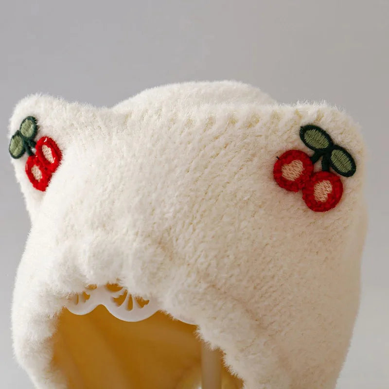 Winter Baby Plush Ear Protection Hat Cute Cherry Toddler Headgear Bonnet Thick Warm Kids Earmuffs Cap 8-36Month Children Beanies