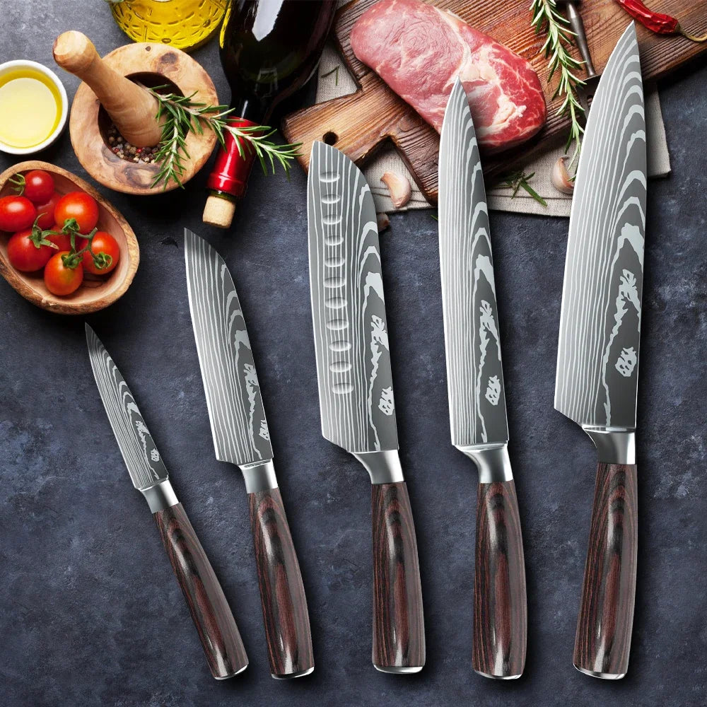 MDHAND Kitchen Knife Set 3-10PCS Professional Chef Knife 7CR17 Germany Stainless Steel Damascus Laser Cleaver Slicing Santoku