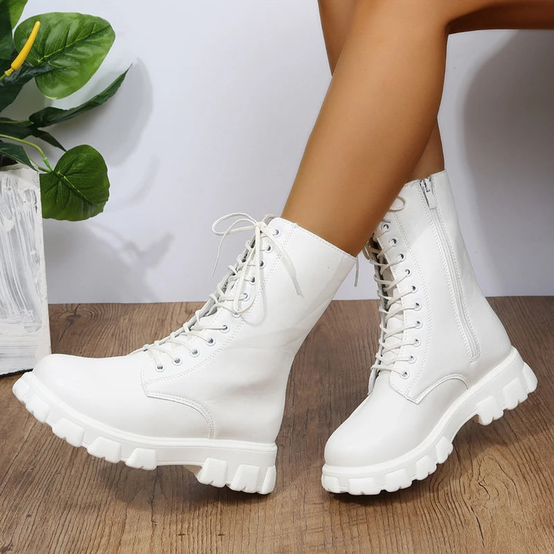 Boots Women 2022 Autumn Winter PU Leather White Ankle Boots Motorcycle Botines Female Chunky Heels Platform Boots Botas Mujer