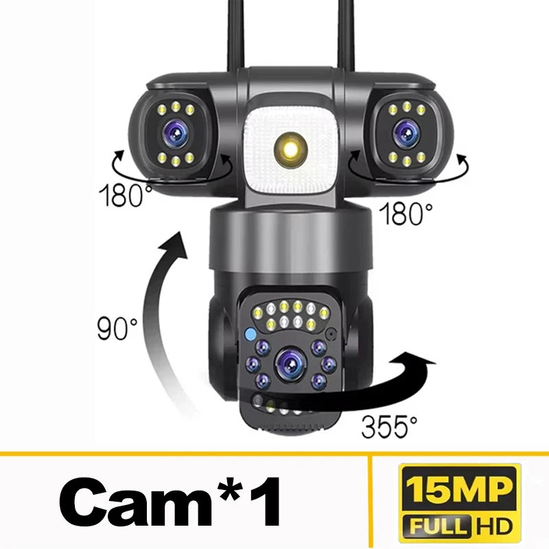 15MP 8K 3 Lens solar security cameras wifi outdoor Waterproof PIR Night Vision Two-Way Audio Mobile Tracking Security IP Cameras
