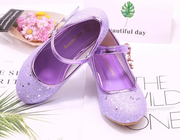 Girls High Heels Children's Leather Shoes Small Children Princess Single Shoes Sequins Students Dance Performance Gift