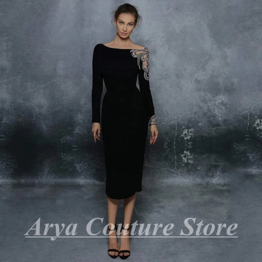 Elegant Long Sleeve Evening Dresses Tea-Length Women Event Straight Sexy Backless Dress Customized Scoop Neckline Wedding Guest