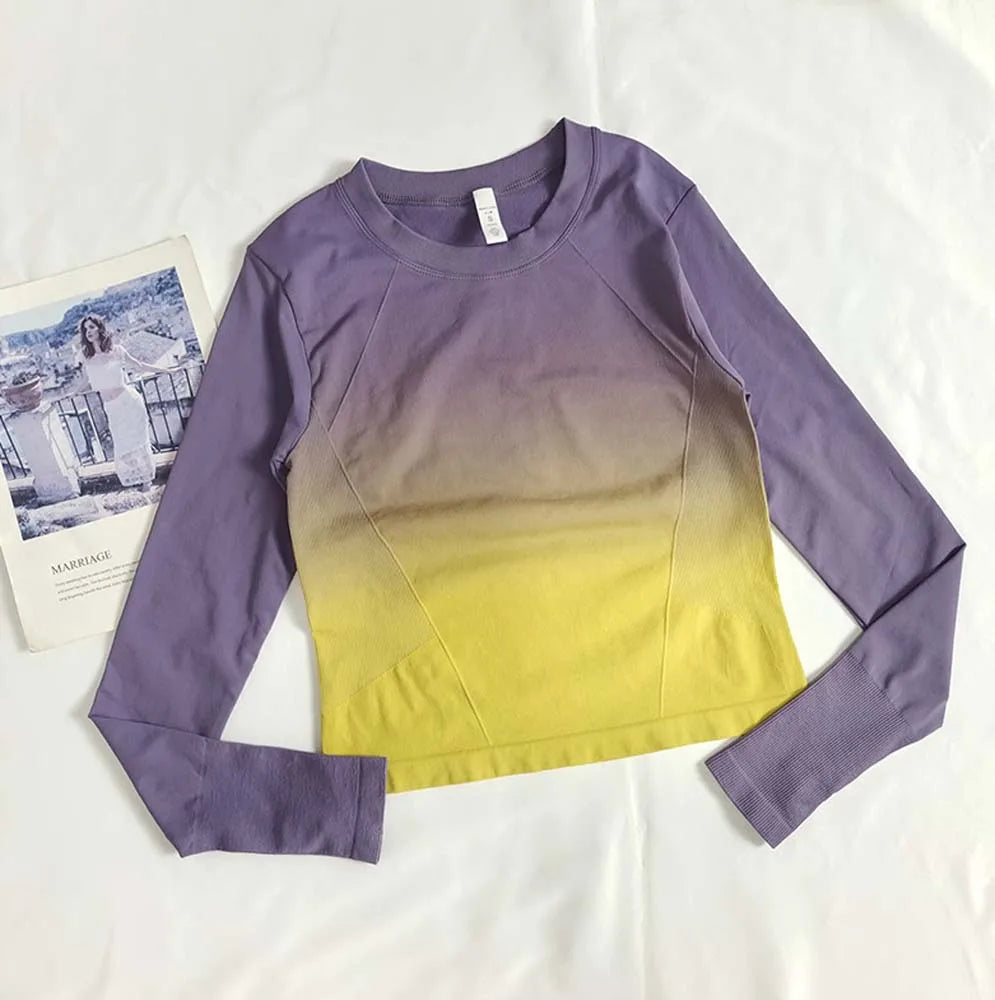Gradient Fashionable Slimming Sports T-Shirt Fitness Top for Women Tight Quick-Dry Long-Sleeve Shirt Yoga Wear Training Body-Sha