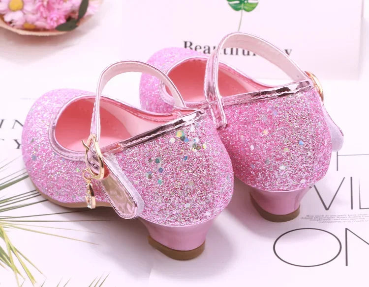 Girls High Heels Children's Leather Shoes Small Children Princess Single Shoes Sequins Students Dance Performance Gift