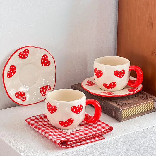 340ML Hand-painted Flower Love heart Ceramic Coffee Cup with Saucer Home Office Water Cup Breakfast Milk Juice Teacup Gift Set