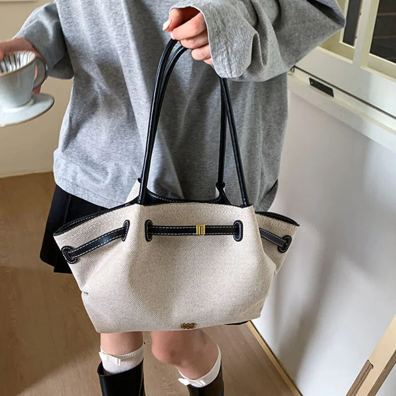 Luxury Canvas Dumpling Handbag Vintage Large Capacity Tote Bag Brand Pleated Drawstring Design Versatile Fashion Shoulder Purse