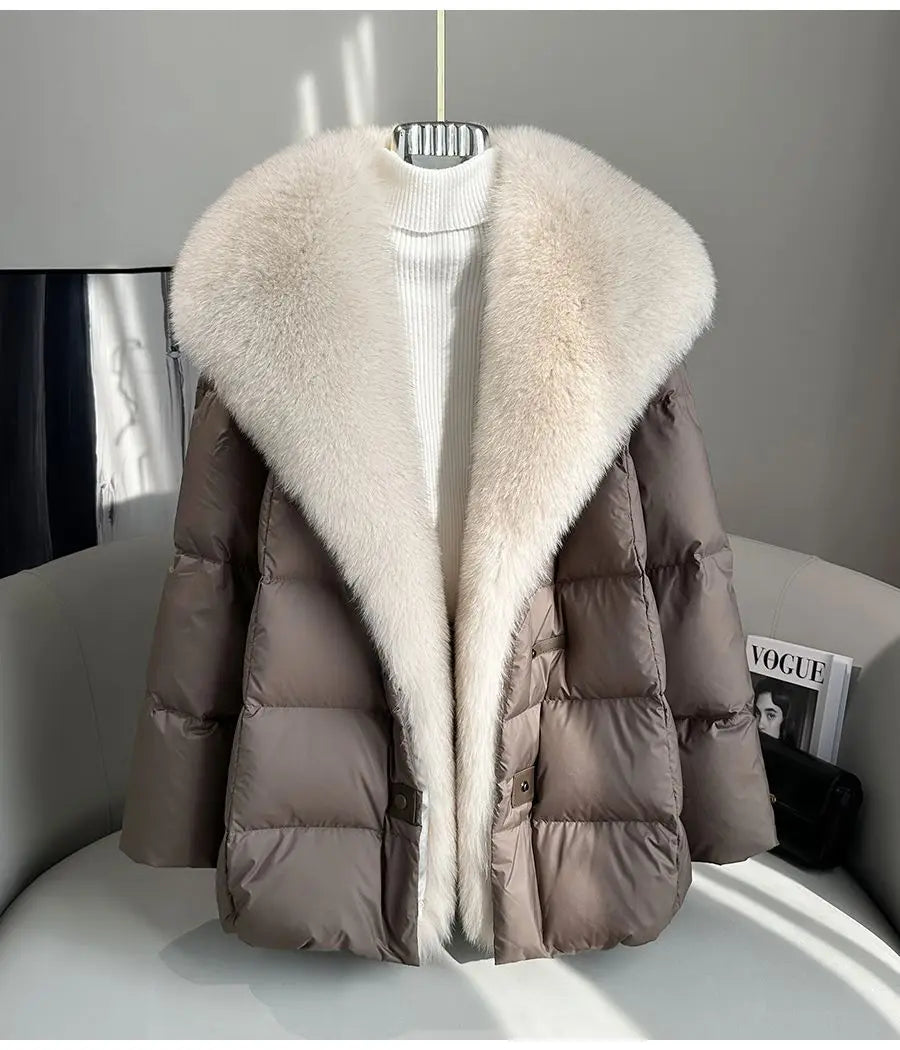 2025 Winter New Mid-length Temperament White Goose Puffer Parkas Women Fox Fur Detachable Large Lapel Fur Down Jacket High Qual