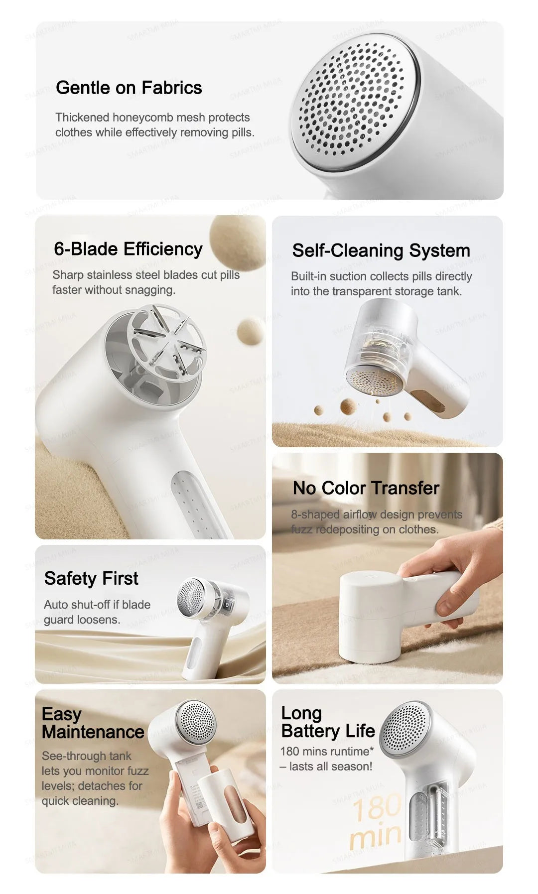XIAOMI MIJIA Lint Remover 2nd,180min Battery,Fabric Shaver Clothes,6-Blade Strong Suction,USB Rechargeable,Fluff Pellet Removers
