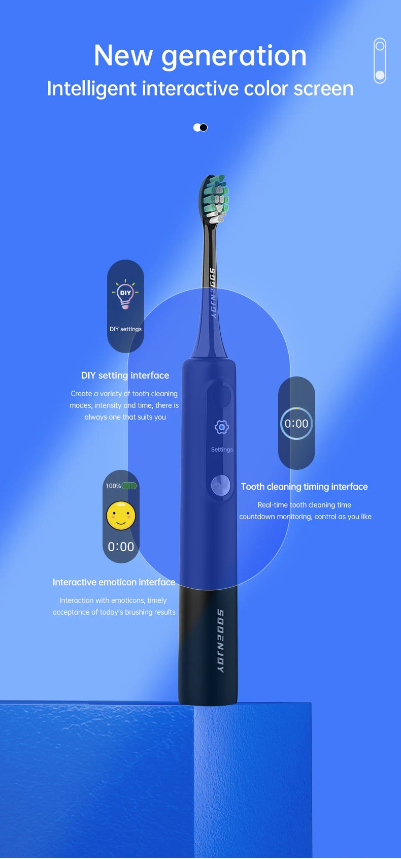 SOOENJOY Smart LCD Screen Sonic Electric Toothbrush NB-1 DIY Mode Cleaner Adult Automatic IPX7 Waterproof Teethbrush
