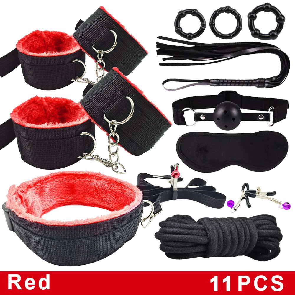 Exotic Bed Bondage Set BDSM Kits Exotic Sex Toys For Adults Games Leather Handcuffs Whip Gag Nipple Clamps Women Sex Products