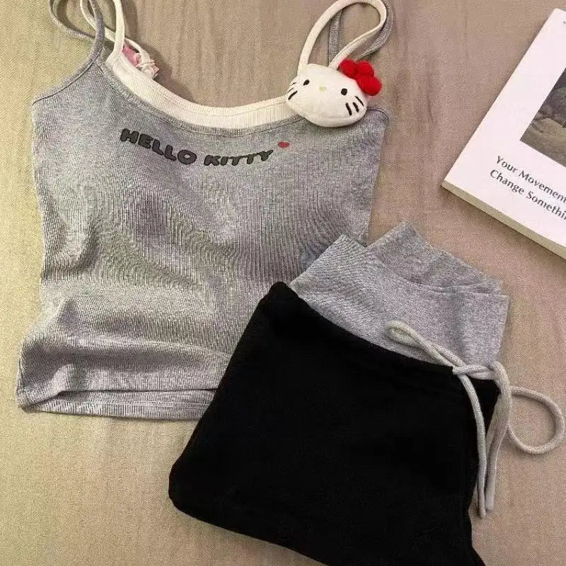 2Pcs Kitty  Women's Pajamas set shorts Cartoon Home Clothing Sling Y2K Sweet Summer Cool Chest Pad Vest Shorts Korean Clothes
