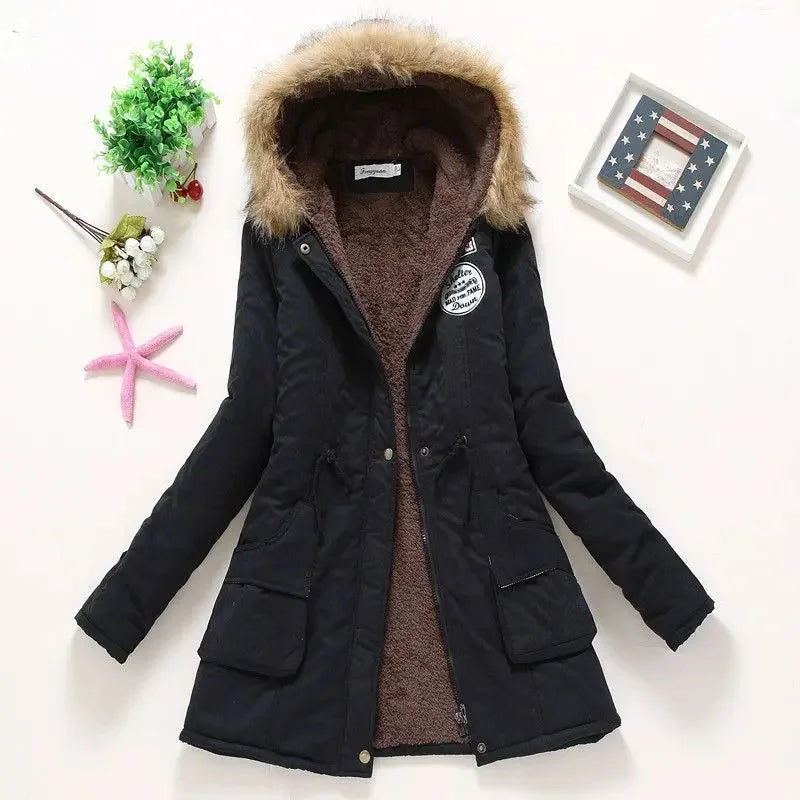 Korean Style Thickened Long Cotton Jacket Women's Winter Coat with Fleece Lining And Fur Collar Slim Fit plus Size Top