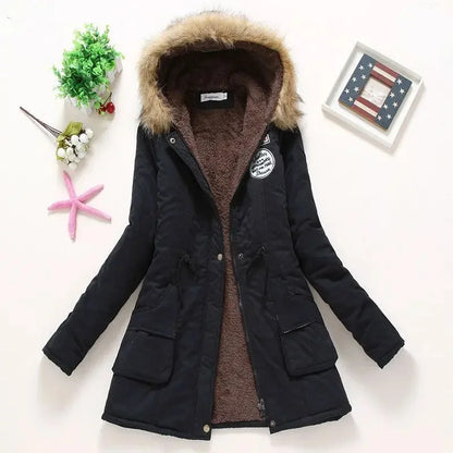 Korean Style Thickened Long Cotton Jacket Women's Winter Coat with Fleece Lining And Fur Collar Slim Fit plus Size Top