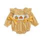Autumn Baby Girl Thanksgiving Romper Bows Pumpkin Turkey Embroideried Plaid Ruffled Trim Crew Neck Long Sleeve Jumpsuit
