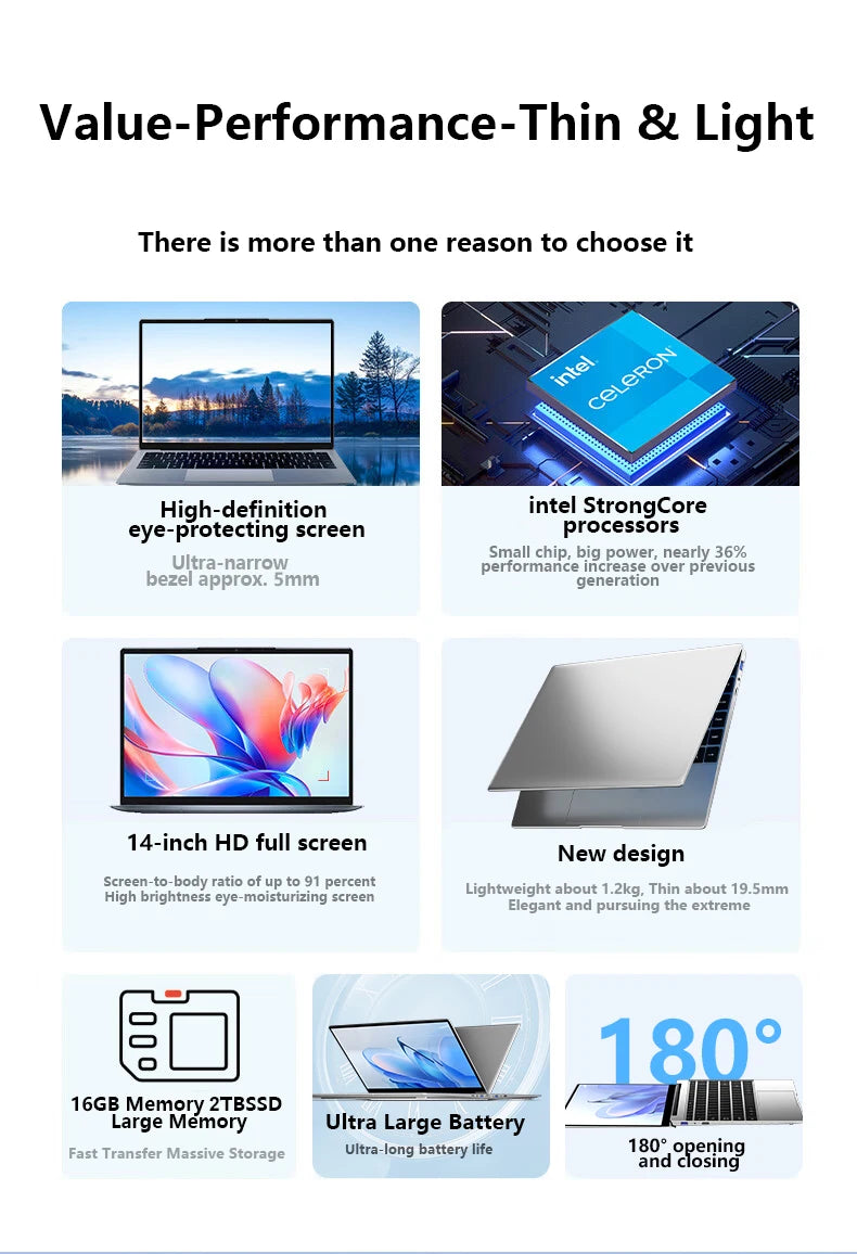 LENO 14.1" Ultra Slim Laptop Windows11 16GB RAM 2TB SSD Intel N3700 Notebook Gamer 1920*1080 Display Office Study Computer PC